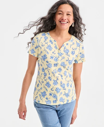 Style & Co Petite Short-Sleeve Henley Knit Poetic Floral T-Shirt, Macy's Exclusive