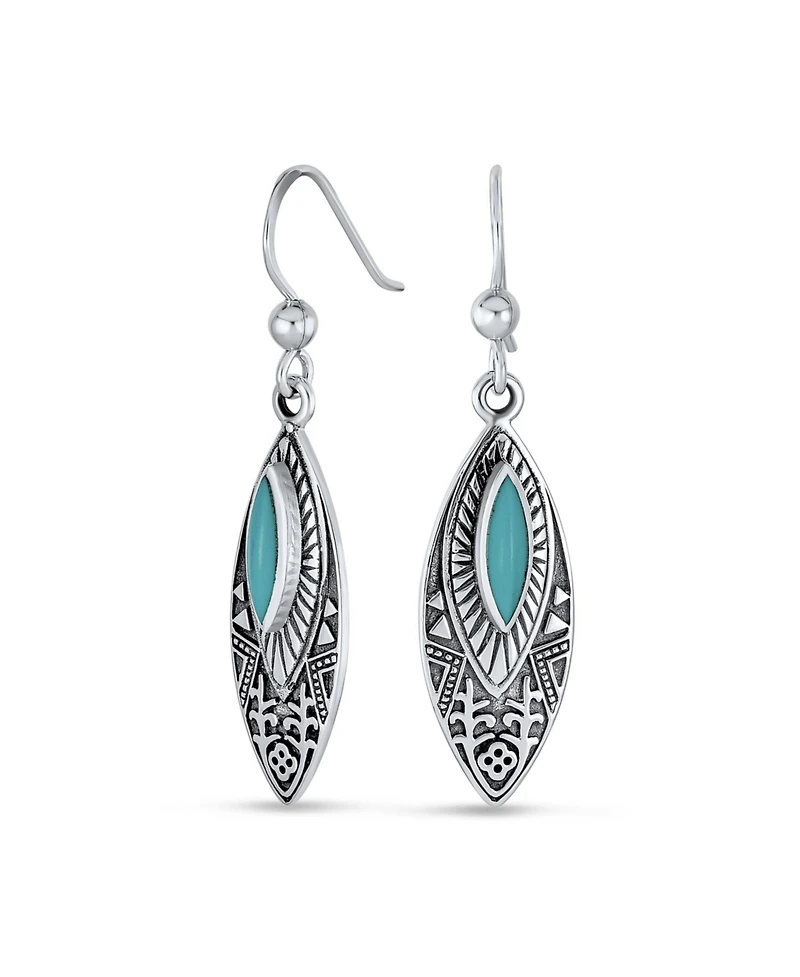 Bling Jewelry Southwest Style Blue Turquoise Marquise Leaf Feather Dangle Earrings Lever back Oxidized Sterling Silver