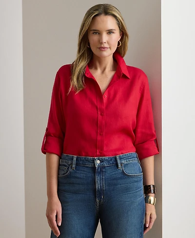 Lauren Ralph Plus 100% Linen Roll-Tab Shirt
