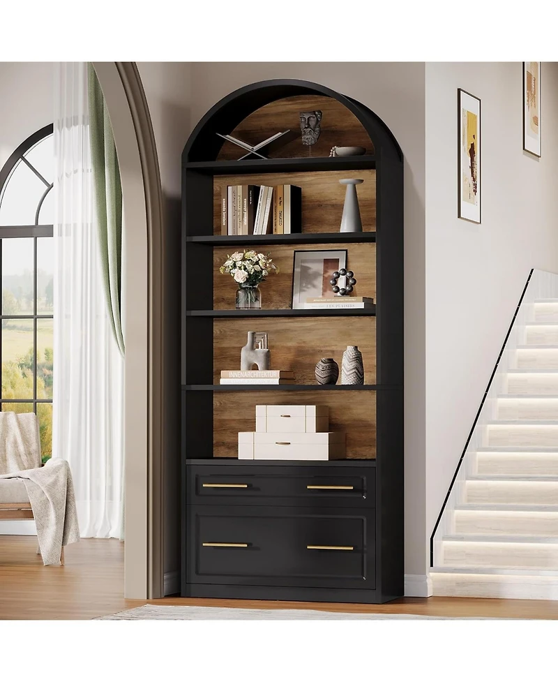 Tribesigns 76.8" Tall Arched Bookcase, 5-Tier Bookshelf with File Cabinet Drawer, Modern Freestanding Wooden Bookshelves, Open Display Storage Shelves