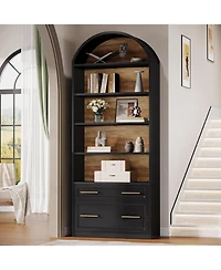Tribesigns 76.8" Tall Arched Bookcase, 5-Tier Bookshelf with File Cabinet Drawer, Modern Freestanding Wooden Bookshelves, Open Display Storage Shelves