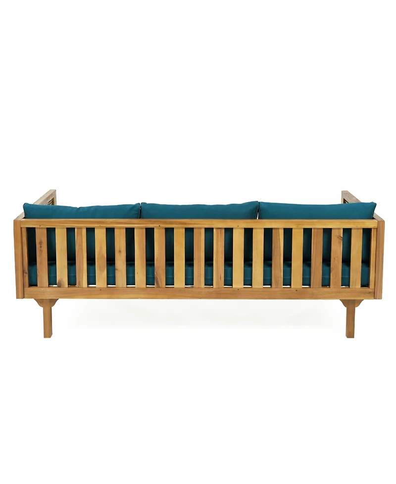 Flynama Weather Resistant Wicker Patio Conversation Set with Acacia Wood Coffee Table Water Resistant Thick Dark Teal Cushions for Garden Patio Deck