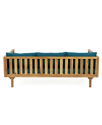 Flynama Weather Resistant Wicker Patio Conversation Set with Acacia Wood Coffee Table Water Resistant Thick Dark Teal Cushions for Garden Patio Deck