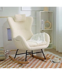 Flynama Teddy Upholstered Nursery Rocking Chair with High Backrest Adjustable Headrest Pocket Rubber Wood Legs for Bedroom Living Room Offices