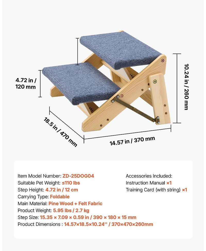 Cozito 2-Step Wooden Pet Stairs for Bed, Sofa, or Car, Foldable Flat Design, 110 lb Capacity