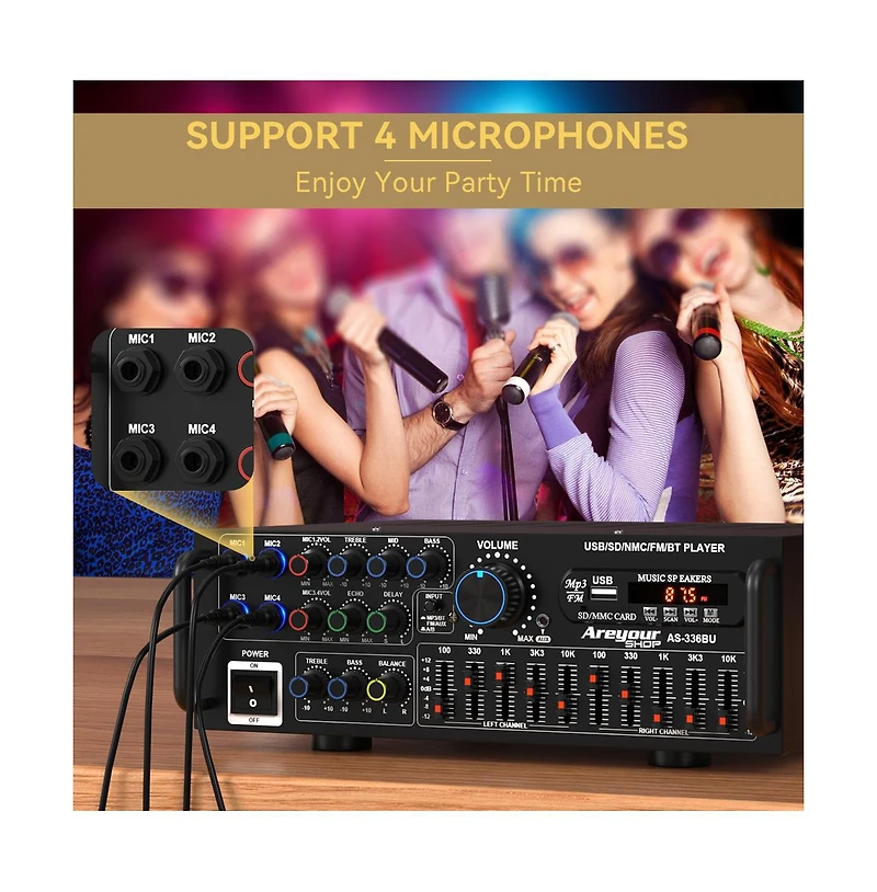 Artudatech 2000W Peak Hi-Fi Stereo Amplifier with Karaoke Mixer & Eq, Bluetooth 5.0, Usb/Sd Input, Fm Radio