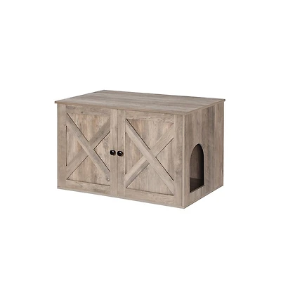 Litter Box Enclosure Cabinet with Divider, Barn-Style Doors, Hidden Cat Washroom Furniture, Indoor Use