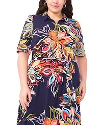 Msk Plus Printed Collared Neck Short-Sleeve Midi Dress