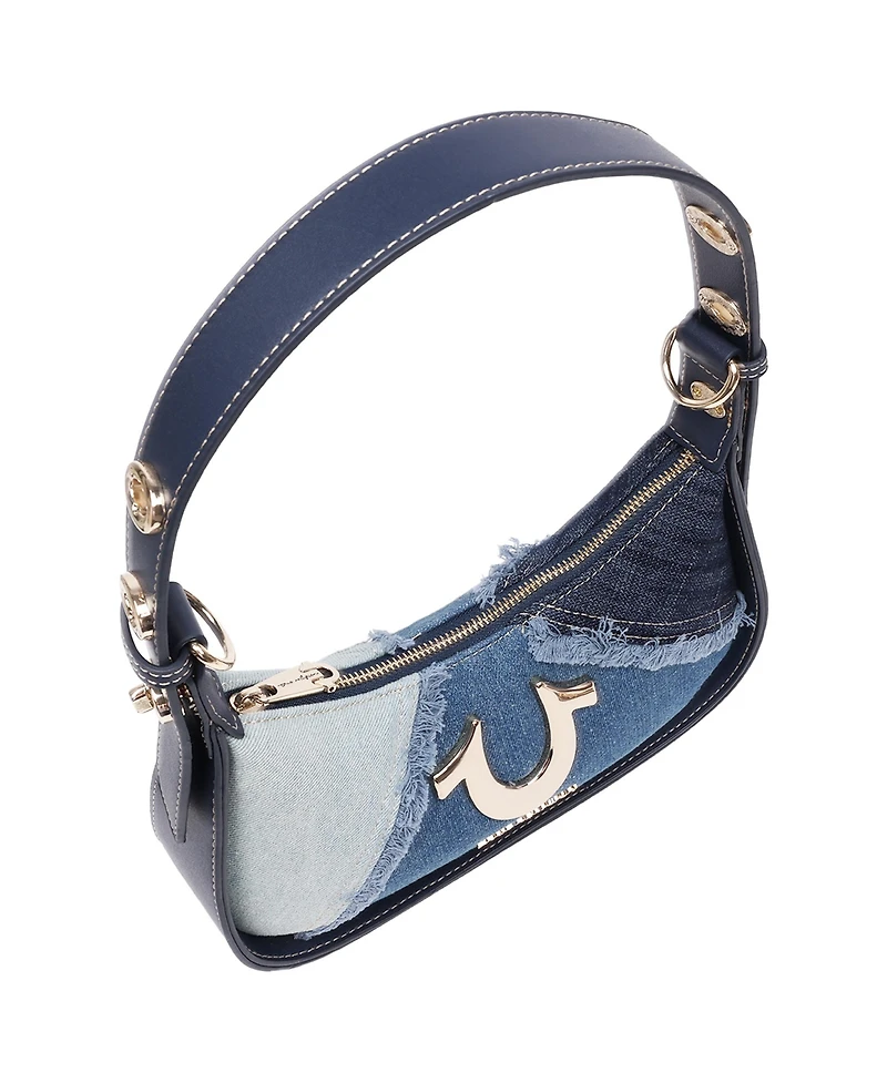 True Religion Frayed Denim Horseshoe Flap Shoulder Bag