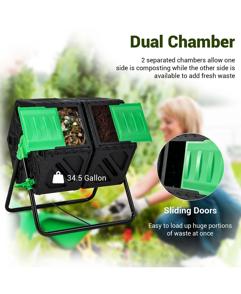 Costway Dual Chamber Compost Tumbler Outdoor Rotating Chamber Compost Bin 34.5 Gallon