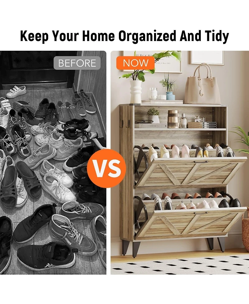 gaomon Shoe Cabinet with 2 Flip Drawers, Farmhouse Narrow Organizer Adjustable Shelf.