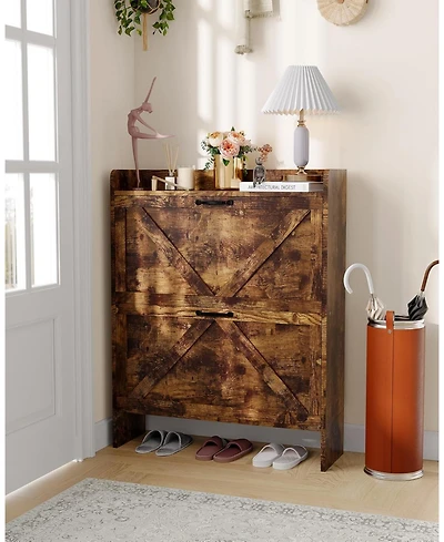 gaomon Shoe Storage Organizer with 2 Flip Drawers, Rustic Brown Farmhouse Cabinet for Entryway, Foyer, or Hallway