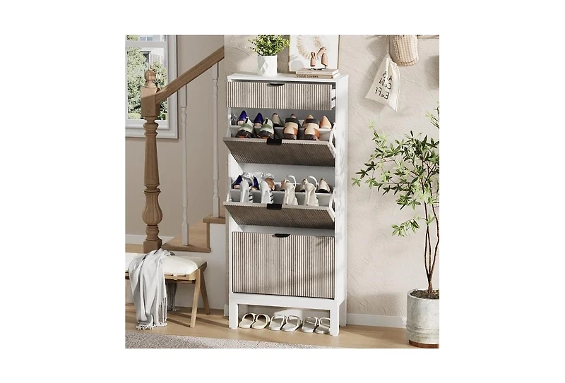 gaomon Shoe Storage Cabinet with 3 Flip Drawers, Farmhouse Fluted Organizer Metal Legs, Freestanding Narrow Rack for Entryway