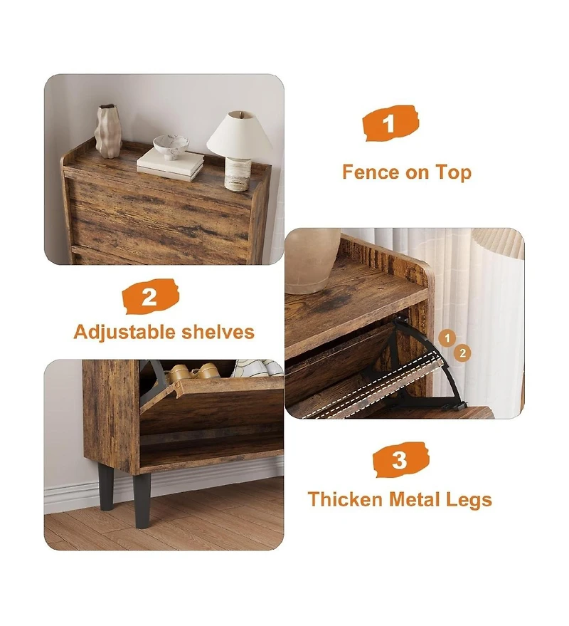 gaomon Shoe Cabinet with 2 Flip Drawers, Wooden Shoe Organizer with Adjustable Shelf, Shoe Storage for Entryway,Rustic Brown