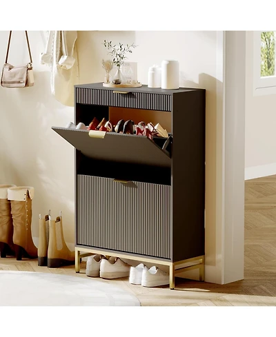 gaomon Fluted Shoe Cabinet with 2 Flip Drawers, Slim Entryway Shoe Organizer with Drawer & Metal Legs, White