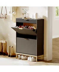 gaomon Fluted Shoe Cabinet with 2 Flip Drawers, Slim Entryway Shoe Organizer with Drawer & Metal Legs, White