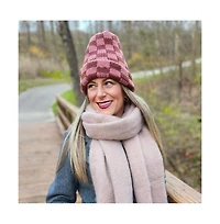 Headbands of Hope Women's Two-Tone Checkerboard Knit Beanie - Pink + Brown