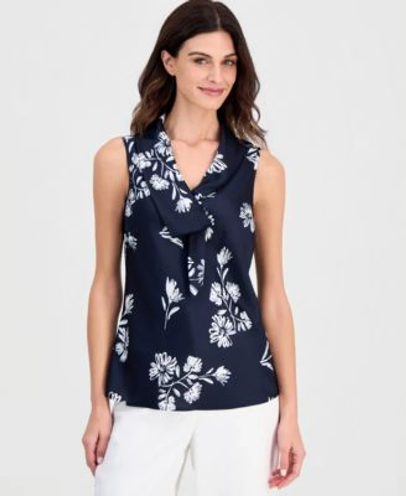 Tahari Asl Womens Sleeveless Sailor Tie Neck Top