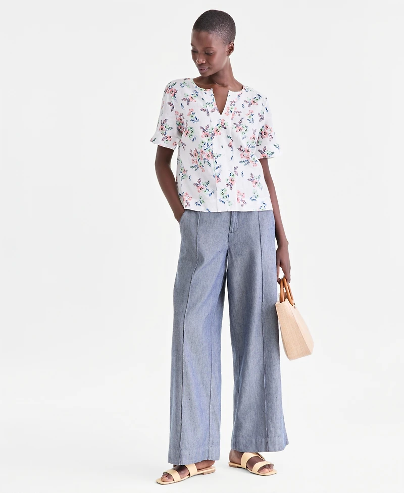 Charter Club Women's 100% Linen Split-Neck Top, Exclusively at Macy's