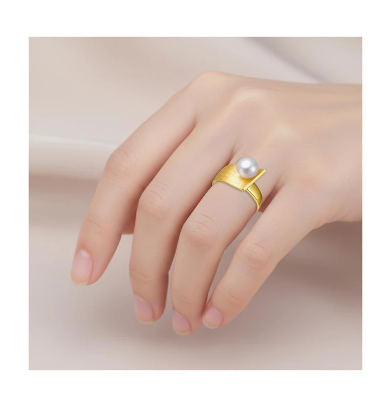 Chic Sterling Silver 14K Gold Plated with Genuine Freshwater Pearl Linear Ring