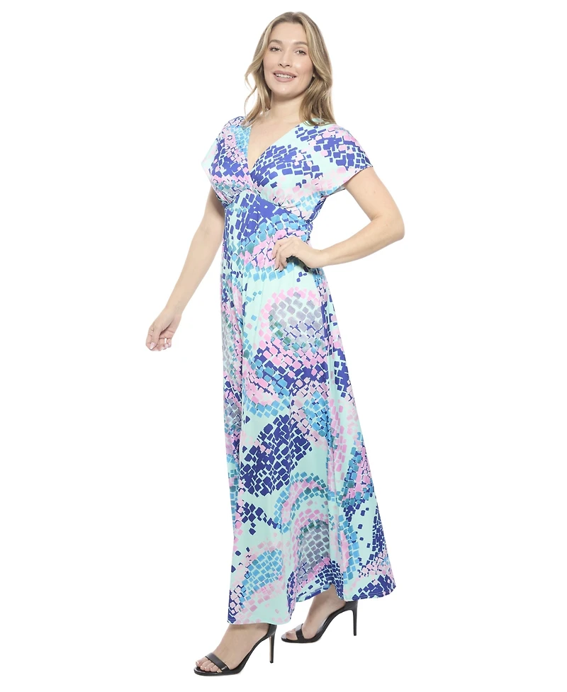 24seven Comfort Apparel Women's Abstract V-Neck Empire Waist Cap Sleeve Maxi Dress