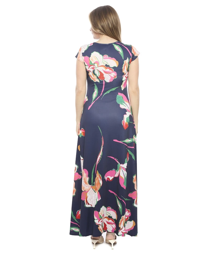 24seven Comfort Apparel Women's Floral V-Neck Cap Sleeve Ruched Front Maxi Length Dress