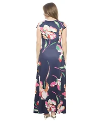 24seven Comfort Apparel Women's Floral V-Neck Cap Sleeve Ruched Front Maxi Length Dress