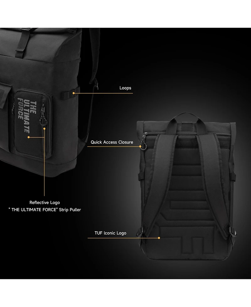 Asus Tuf Gaming VP4700 Backpack, up to 17" laptop, with top folded closure to resize, light weight and durable water repellent for daily usage