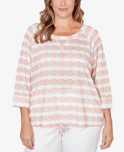 Hearts Of Palm Plus Printed 3/4 Sleeve Blouson Top
