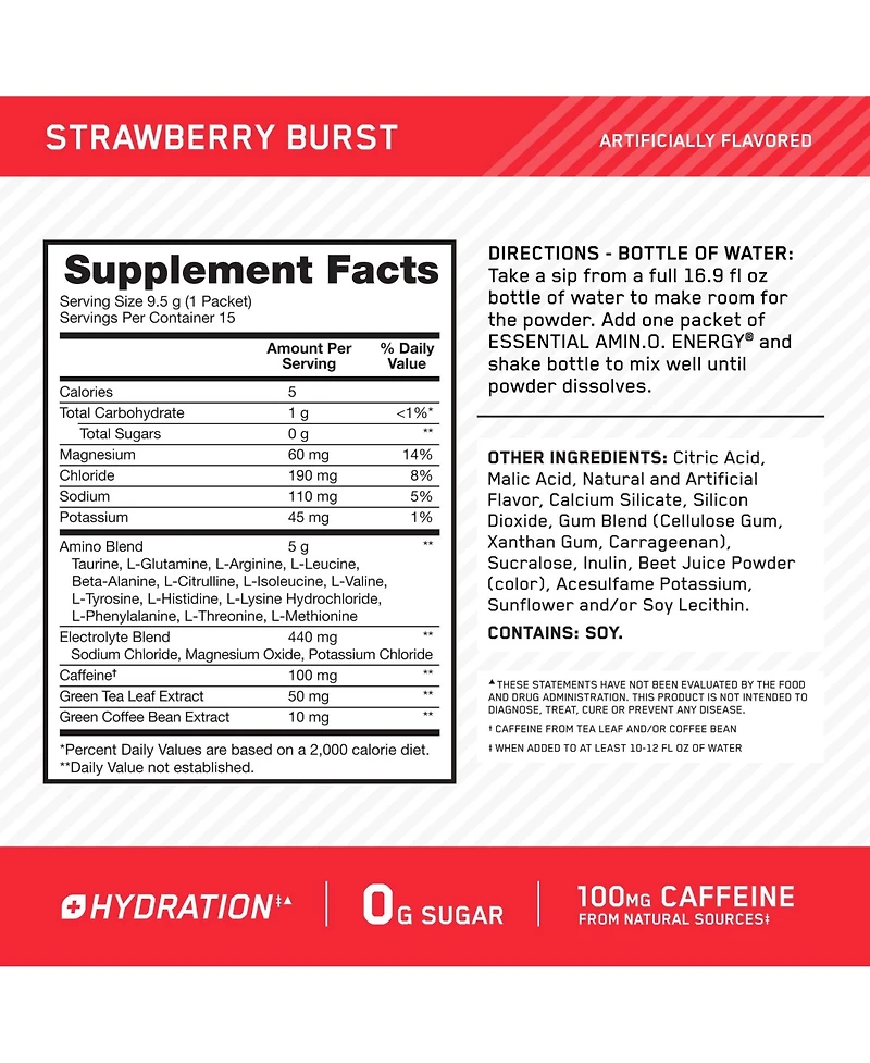 Optimum Nutrition Essential Amino Energy Plus Electrolytes Stick Packs, Energy Powder, Surfside Citrus and Strawberry Burst, 30 Count