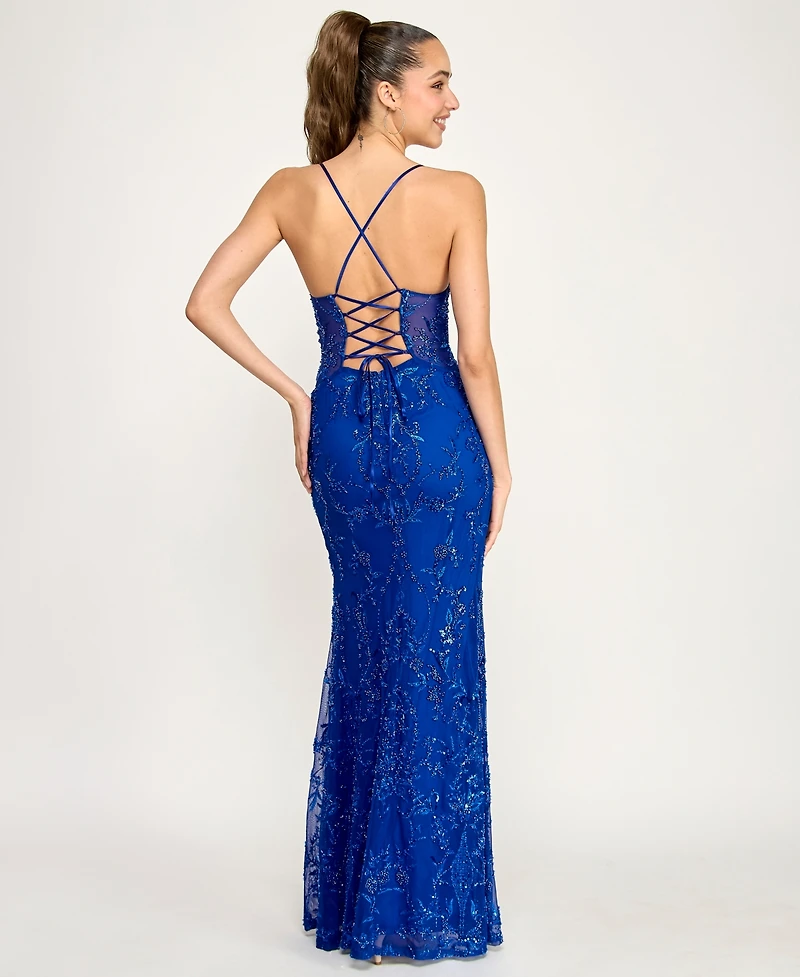 B Darlin Juniors' V-Neck Side Slit Gown