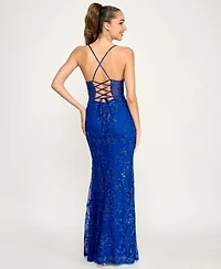 B Darlin Juniors' V-Neck Side Slit Gown
