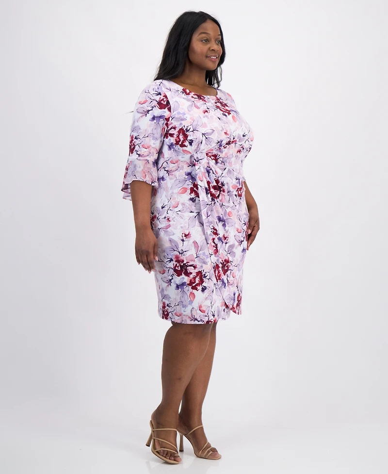 Connected Plus Floral-Print Flounce-Sleeve Dress