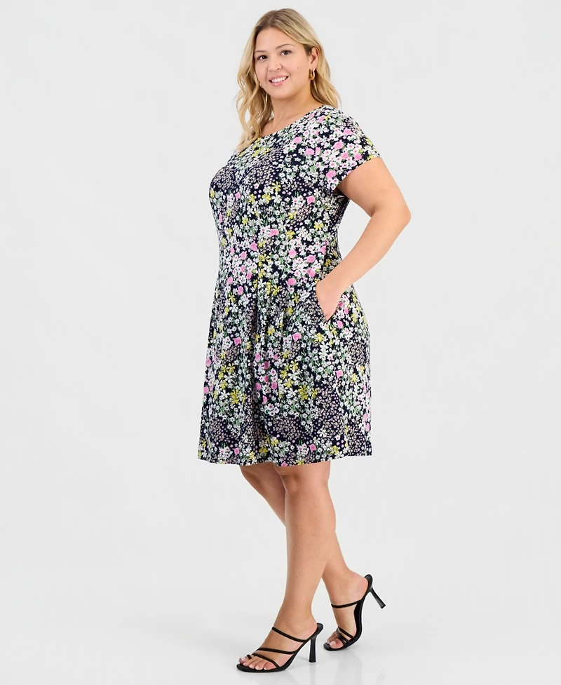 Connected Plus Printed Pintuck Short-Sleeve Dress