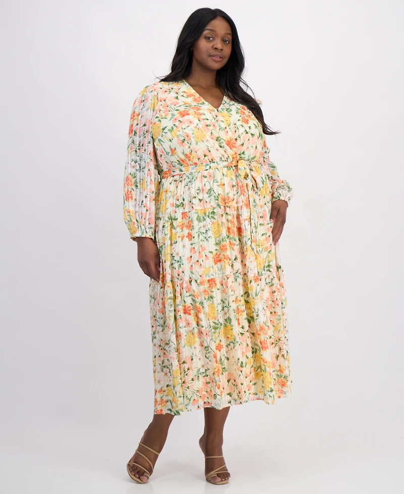Robbie Bee Plus Floral Chiffon Faux-Wrap Balloon-Sleeve Dress