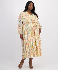 Robbie Bee Plus Floral Chiffon Faux-Wrap Balloon-Sleeve Dress