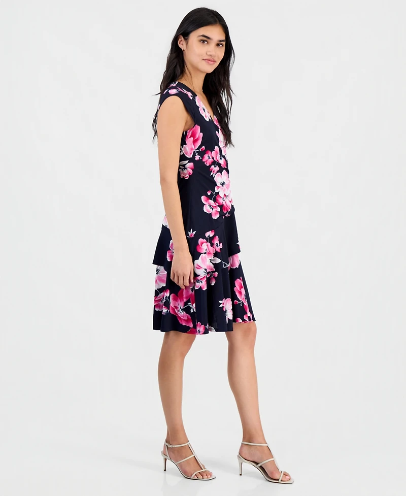 Robbie Bee Petite Floral-Print Ruffle Cap-Sleeve Dress