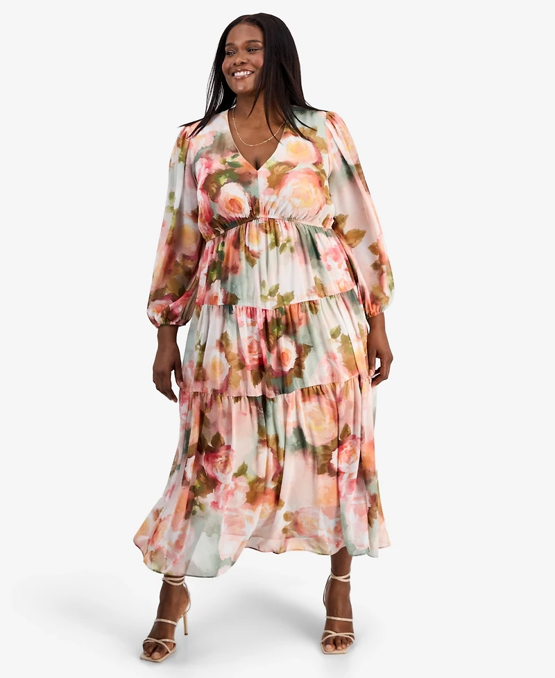 Robbie Bee Plus Printed Balloon-Sleeve Tiered Dress