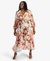 Robbie Bee Plus Printed Balloon-Sleeve Tiered Dress