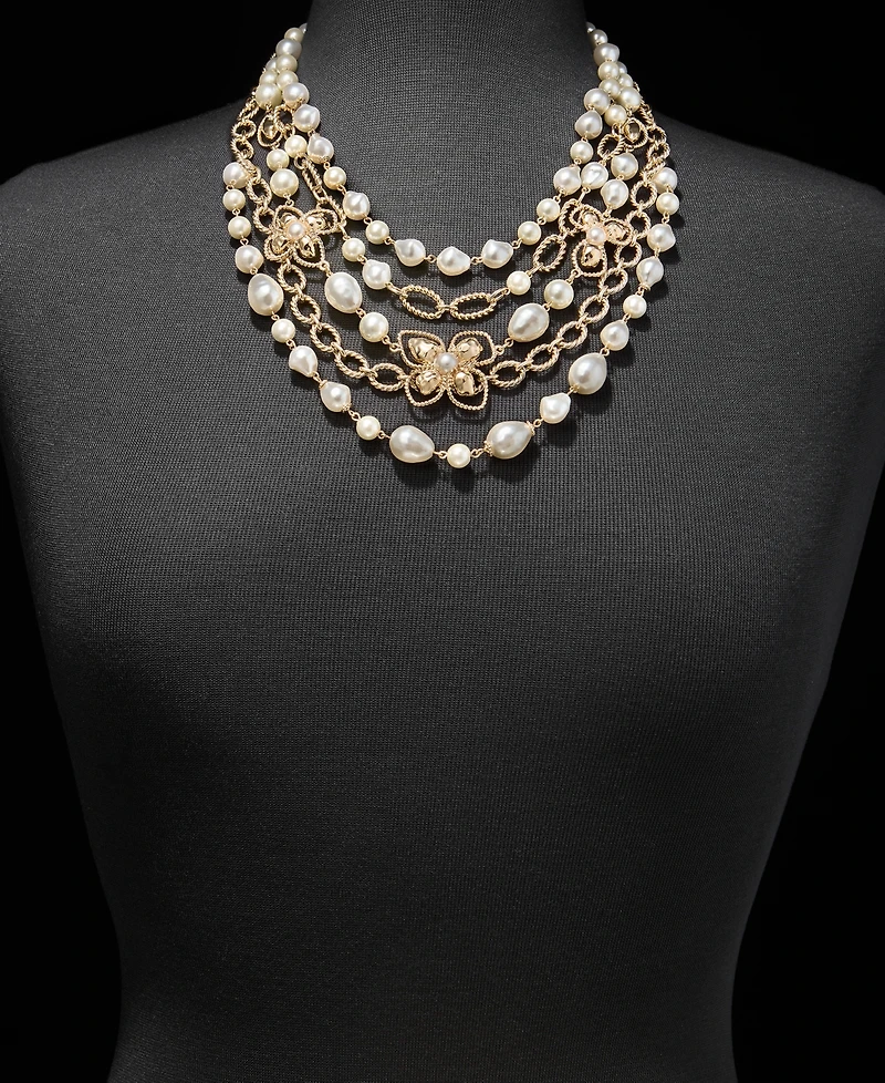 Anne Klein Imitation Pearl Flower Layered Statement Necklace, 16" + 3" extender