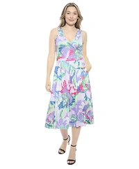 24seven Comfort Apparel Women's Abstract V-Neck Sleeveless Pleated Pocket Midi Fit N Flare Dress