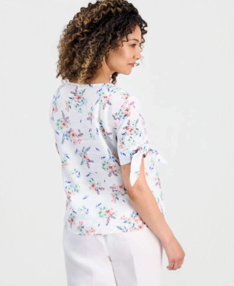 Charter Club Petite Linen Shannons Garden Tie-Sleeve Top, Macy's Exclusive