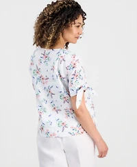 Charter Club Petite Linen Shannons Garden Tie-Sleeve Top, Macy's Exclusive
