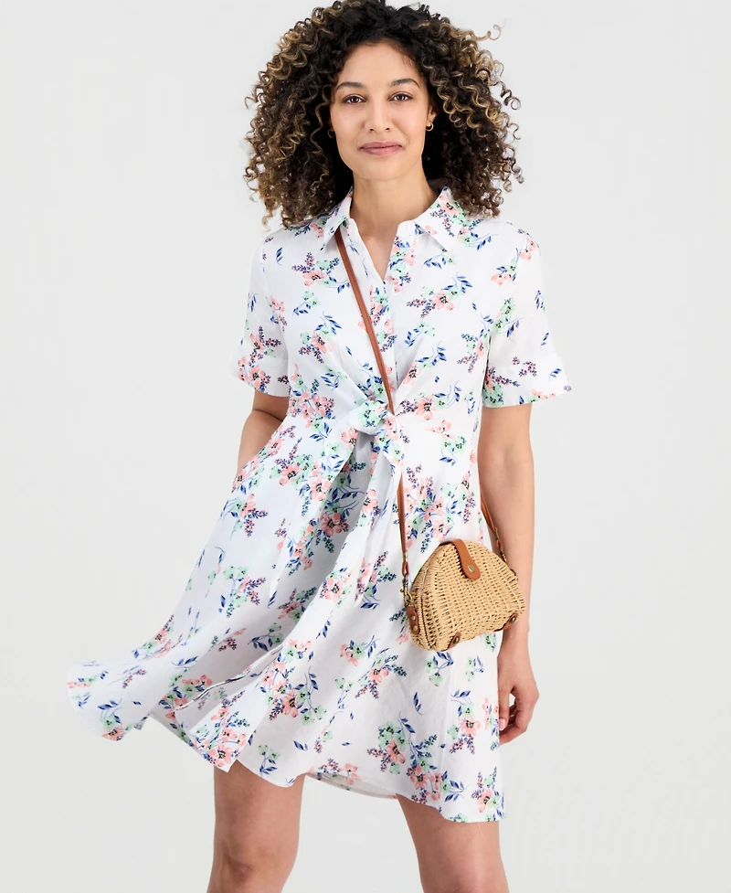 Charter Club Petite Linen Shannons Garden Tie-Front Dress, Macy's Exclusive