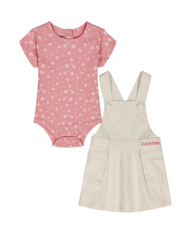 Calvin Klein Baby Girls' Ribbed Printed Bodysuit & Denim Overall, 2-Piece Set