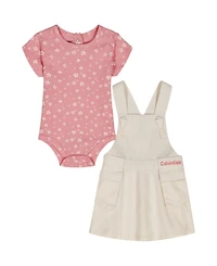 Calvin Klein Baby Girls' Ribbed Printed Bodysuit & Denim Overall, 2-Piece Set