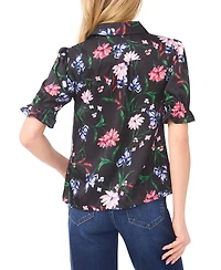 CeCe Women's Puff Sleeve Button Down Collared Top