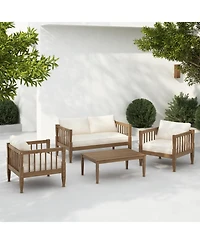 Flynama 4 Piece Light Brown Patio Conversation Set with Acacia Wood Frame Coffee Table Thick Cushions for Backyard Porch Balcony