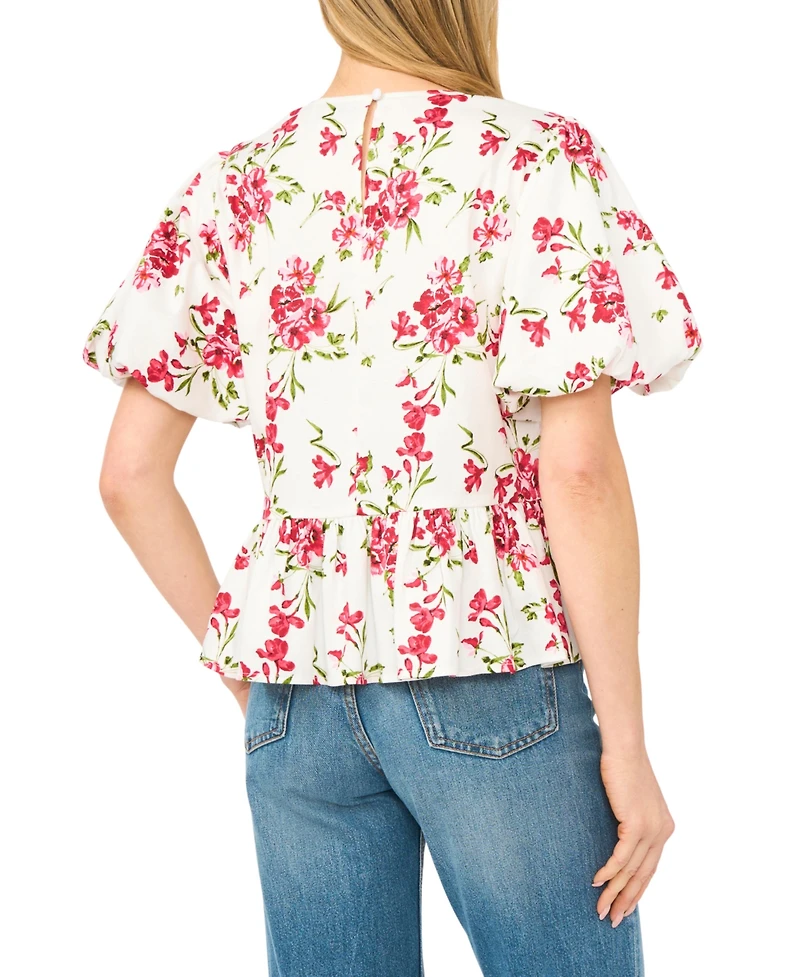 CeCe Women's Puff Sleeve Shirred Crewneck Peplum Top