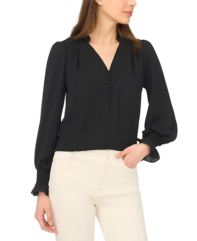 CeCe Women's Long-Sleeve V-Neck Smocked Top